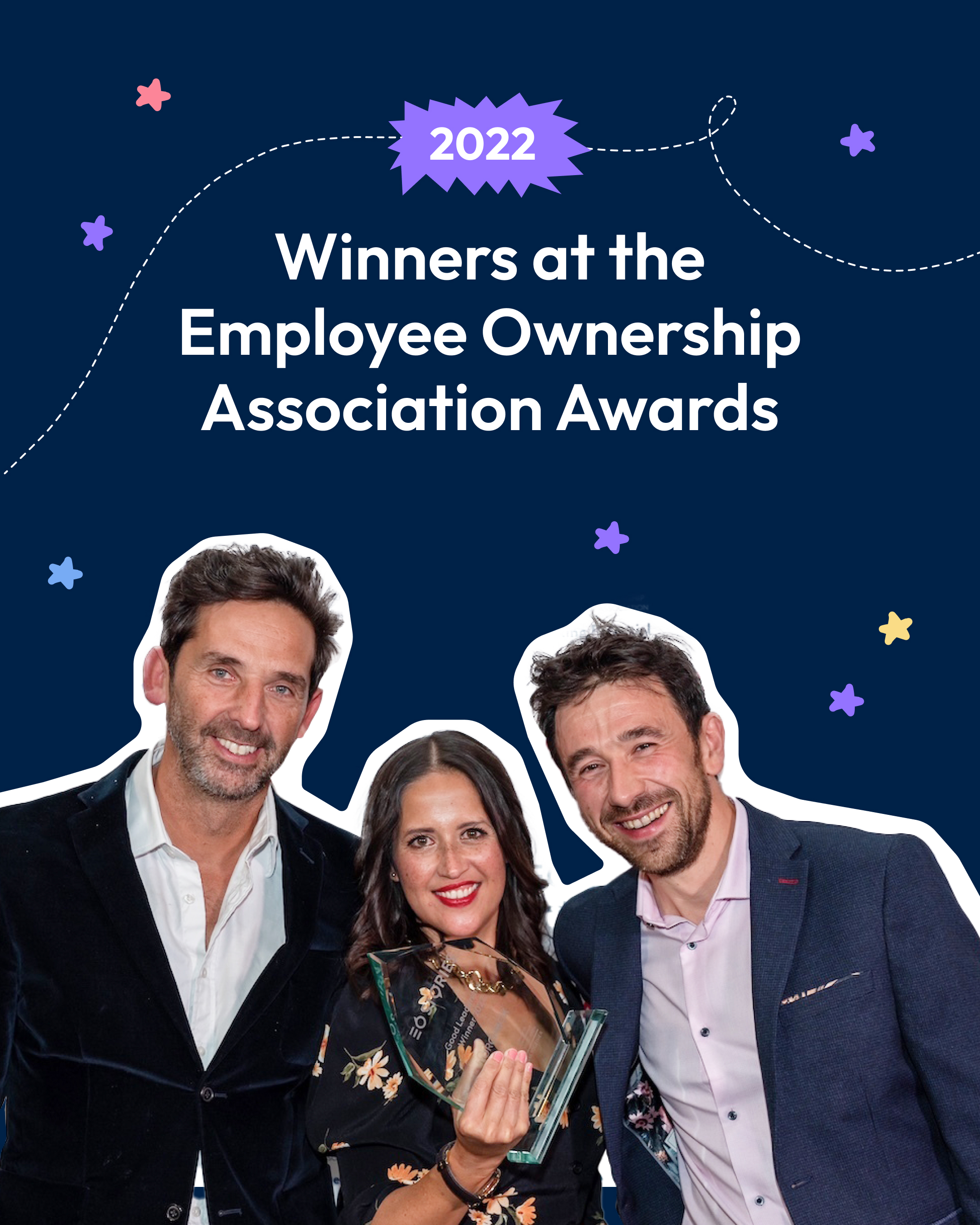 A dark blue slide announcing “2022 - Winners at the Employee Ownership Association Awards”, with Olly, Lisa and James smiling and holding an award in a cut-out group photo.
