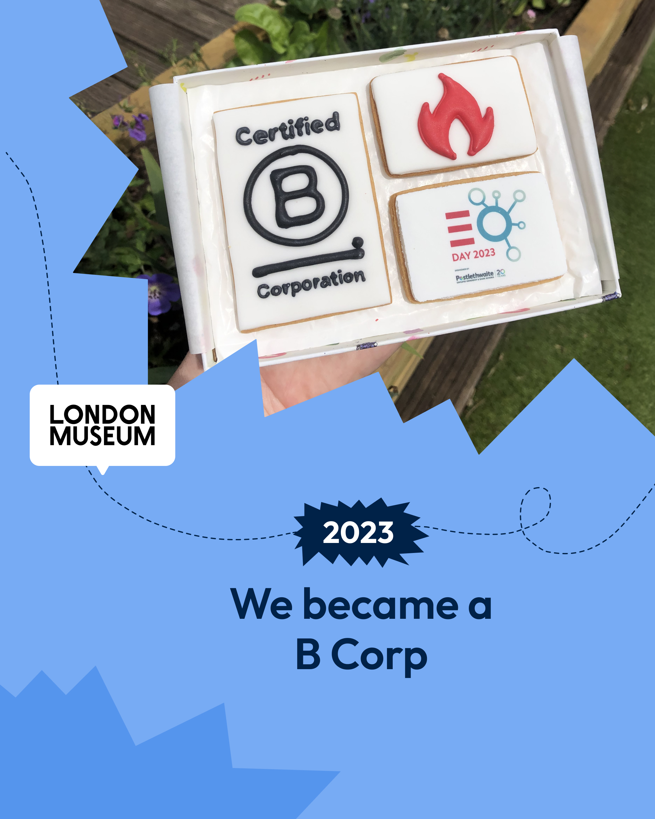 A blue slide celebrating “2023 - We became a B Corp”, featuring a photo of iced biscuits decorated with B Corp, Torchbox flame and EO Day 2023 designs. The London Museum logo appears on the dotted timeline path.