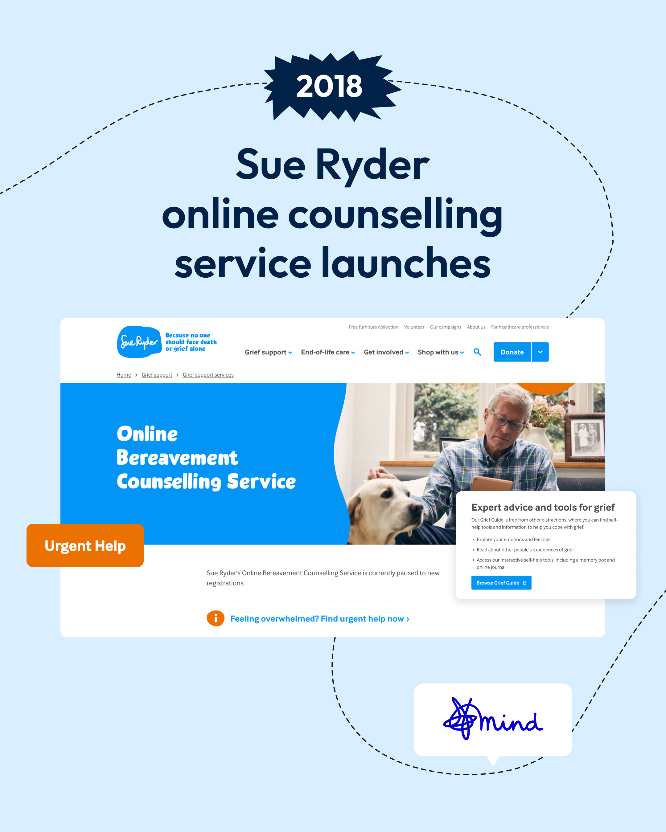 A light blue slide for “2018 - Sue Ryder online counselling service launches”, featuring a screenshot of the Mind homepage, plus the Mind logo.